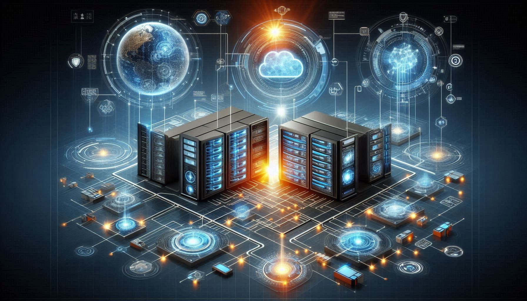 Complex distributed system architecture with interconnected nodes